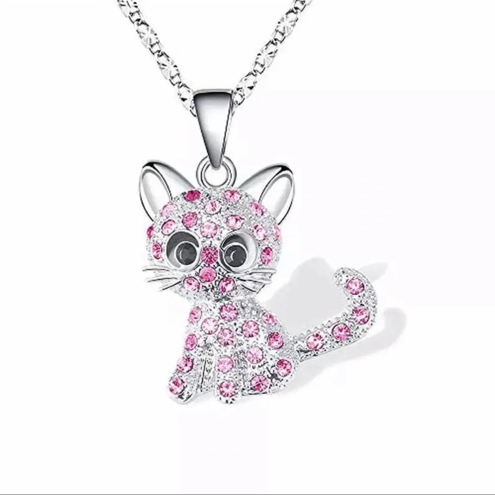 💰2/$25 NWT Silver Rhinestone Kitty Cat Pendant CHOKER chain Necklace 18” + 2.5”